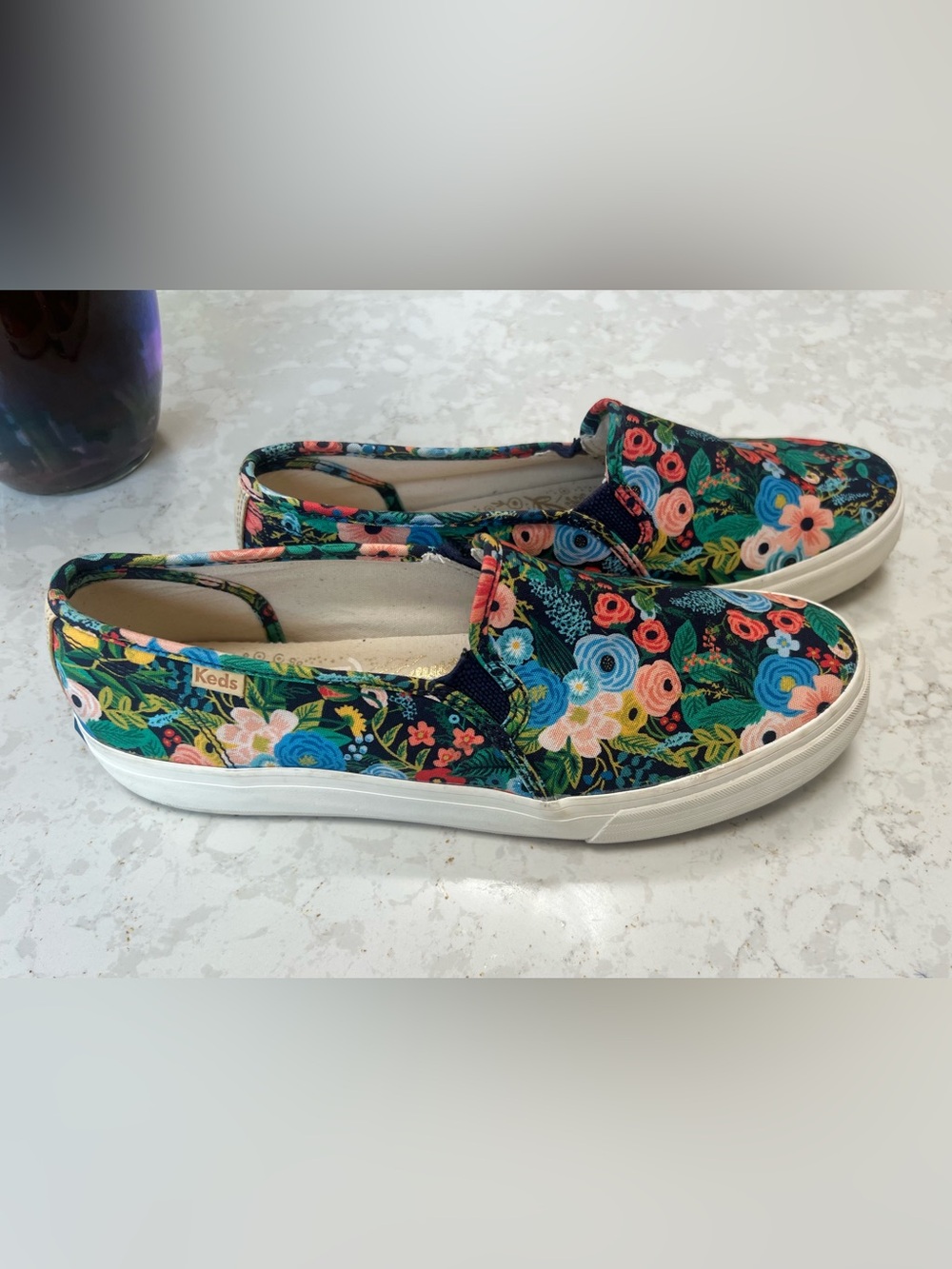 Rifle Paper Co. Navy Floral Slip-On Sneakers with Multicolor Blooms